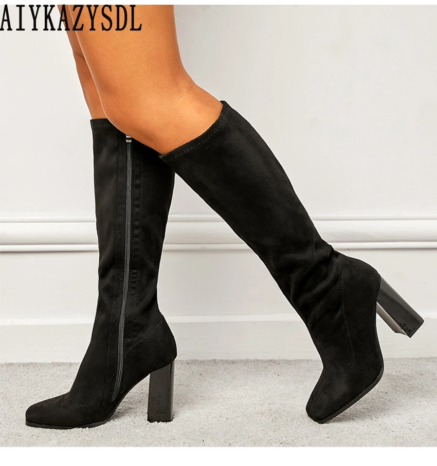 

AIYKAZYSDL Autumn Winter Street Style Knee High Boots Faux Suede Flock Boots Long Boots Side Zip Chunky Block High Heels