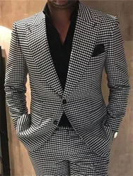 2 Piece Plaid Men Suits for Wedding Houndstooth Checkered Groom Tuxedos Male Fashion Clothes Costumes Set Jacket with Pants