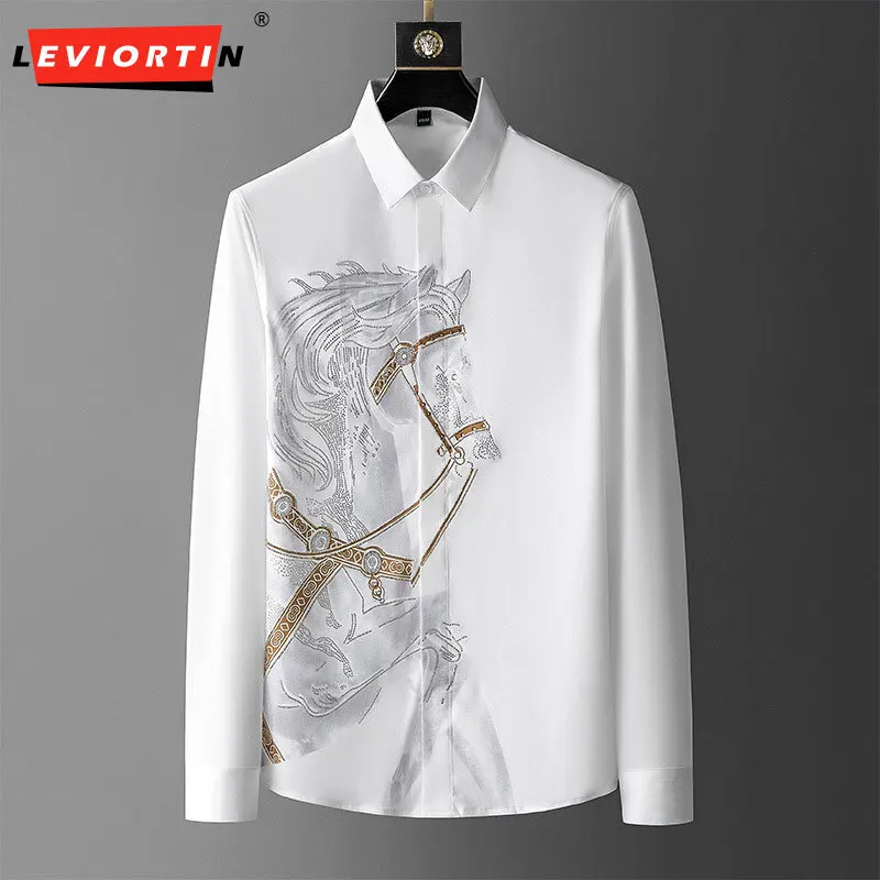 

2023 Autumn Fashion Brand Men's Shirt Long sleeved Printed Hot Diamond Shirt Slim Fit Non iron Wrinkle resistant Business Shirt