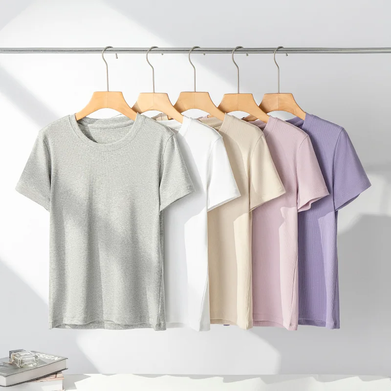 

Pure Color Silk Cotton Base Shirt Short Sleeve round Neck Loose Fit Women's T-Shirt Summer 2024 Shoulder Width Regular Polyes...