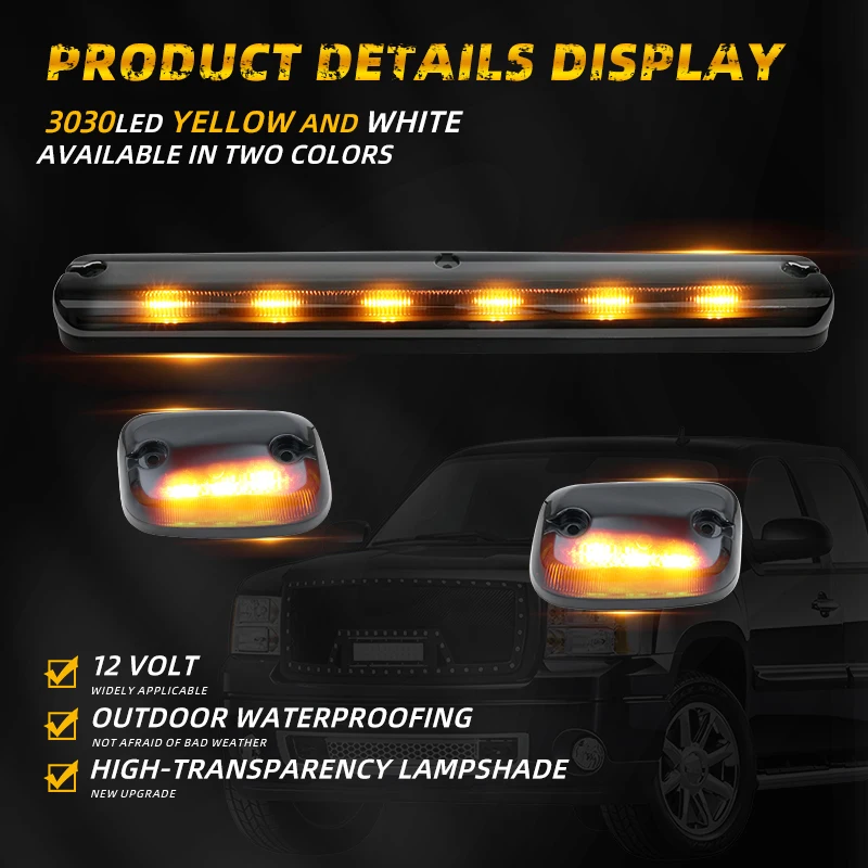 Chevy Silverado/GMC Sierra 1500/2500/ 2500 HD/3500 2007-2013 용 3Pcs 앰버 LED 캡 지붕 탑 마커 러닝 라이트 훈제 렌즈