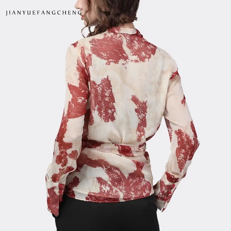 Fashion Women\' Long Sleeve Red Printed Chiffon Blouse For Spring Summer Asymmetrical V-Neck Lace-up Shirt Tops