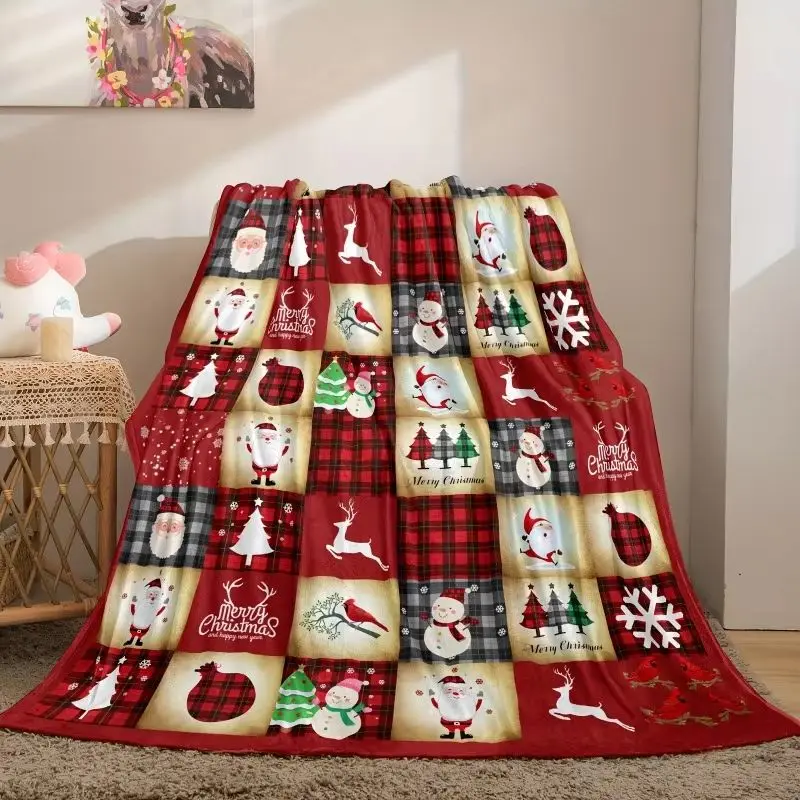 VIKAMA Christmas Throw Blanket Plaid Santa Snowman Reindeer Cardinal Soft Plush Fleece Couch Sofa Blanket Cozy Holiday Decor