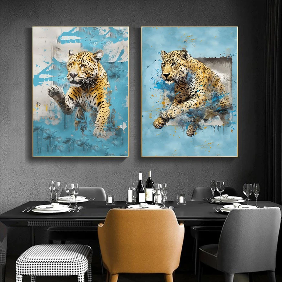 3D Graffiti Animal Canvas Painting,Abstract Wall Art,Pictures Murale,Home Living Room Posters and Prints,Foraging for Leopards