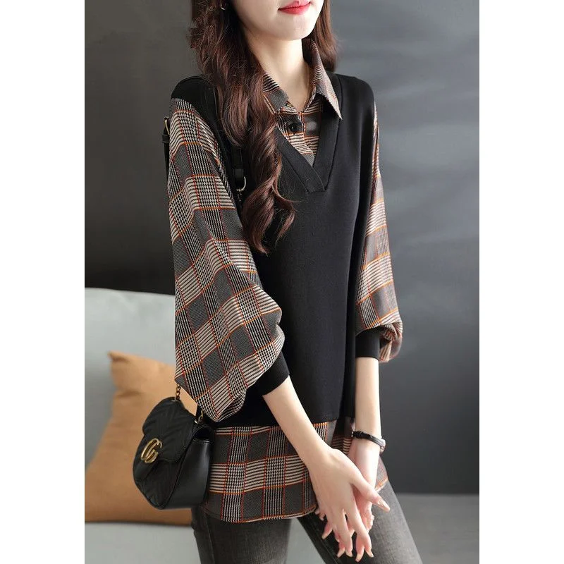 

Women's Pullover Loose Lantern Sleeve Fake Two-piece Shirt Commuting Casual Fashion Lapel Top