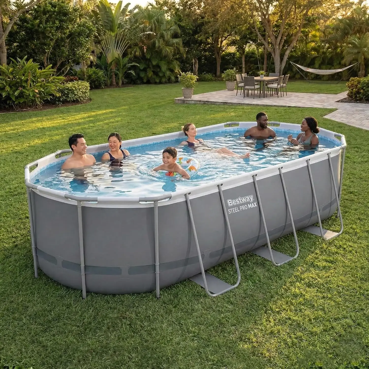 Piscina elevada Steel Pro MAX de 18' x 9' x 48'', ovalada, con estructura metálica, para exteriores, con bomba de filtro, escalera, personalizada