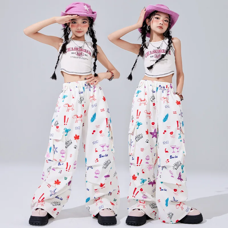 

Kid Kpop Hip Hop Clothing Beige Letters Crop Tank Top White Print Casual Dopamine Parachute Pants for Girl Dance Costume Clothes