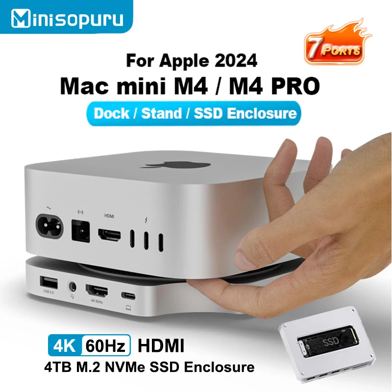 

Minisopuru Mac mini M4 Dock Stand with 4K@60 HDMI 4TB M.2 NVMe SSD Enclosure Mac mini Hub for Mac mini M4 Pro 2024