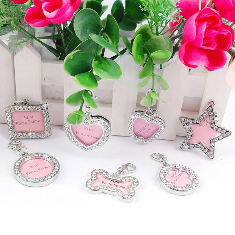 Dog ID Tag Pet Cat Collar Pendant Crystal Photo Frame Bone Heart Dog Tag Handwriting Name Phone Number Address Anti-lost Fashion