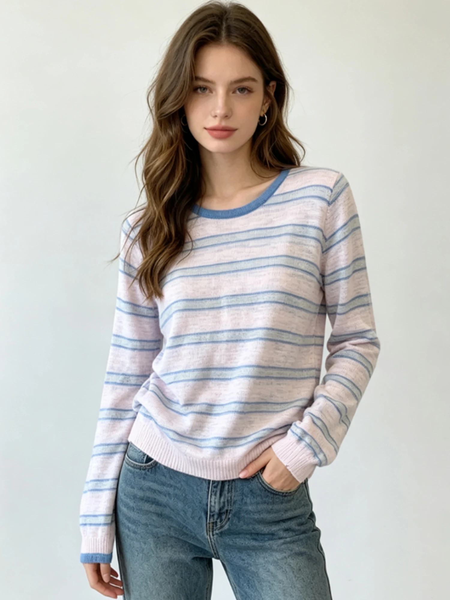 Women's Pink Striped T-shirt Long Sleeve Knit T-shirt Y2K Gyaru Knitwear Korean Retro Sun Protection Top for Women Summer 2026