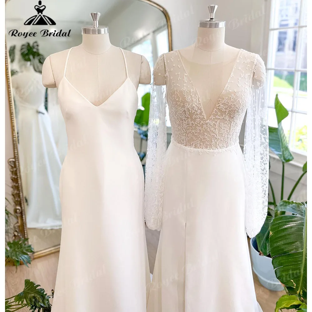 Brautkleid الصيف حورية البحر/البوق بوهو لينة الساتان انقسام الجانب فستان الزفاف مع الخامس الرقبة الزفاف حفل استقبال ثوب Roycebridal