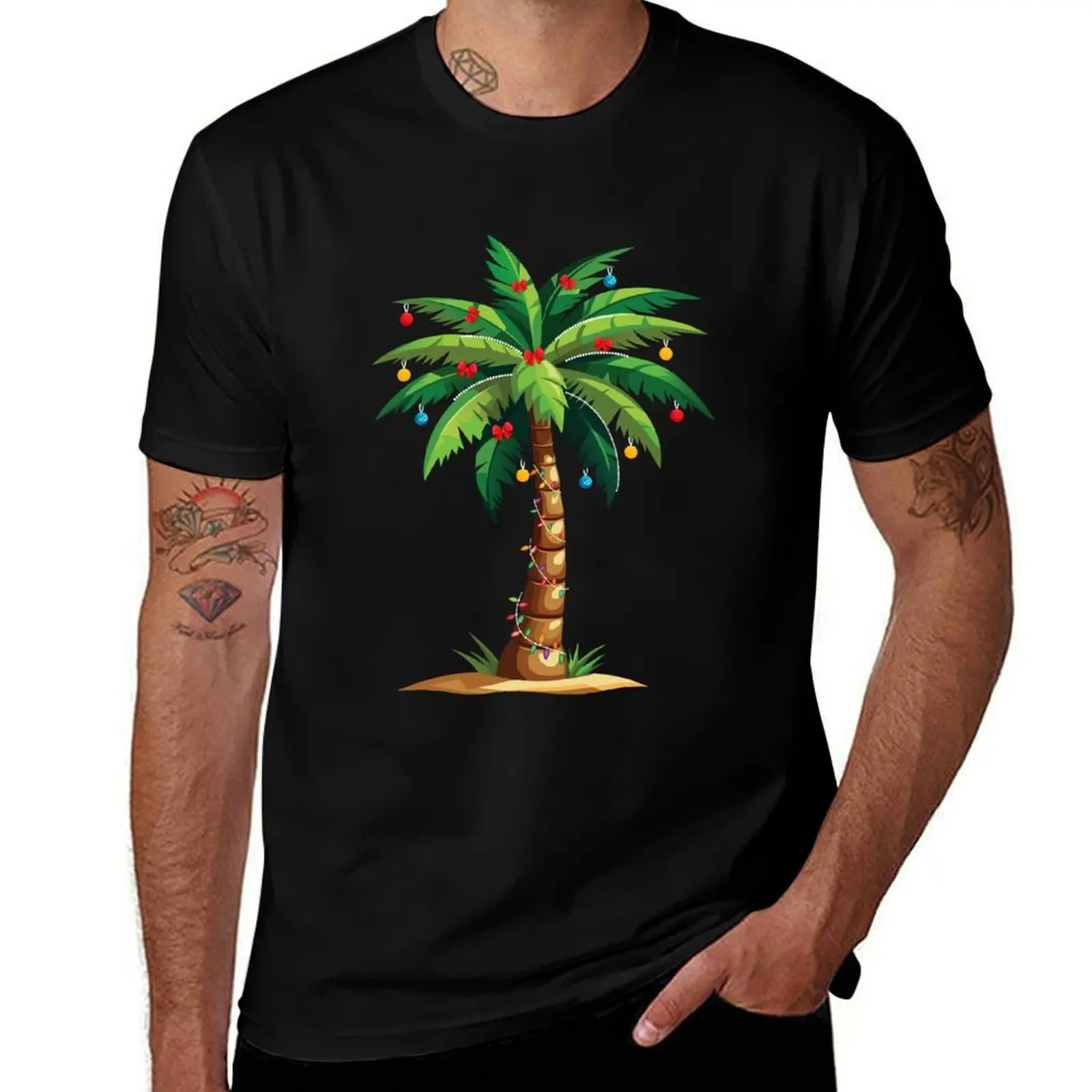 Merry Christmas Lights Palm Tree Beach Xmas Pajama T-Shirt Casual Everyday Short Sleeve T-Shirt