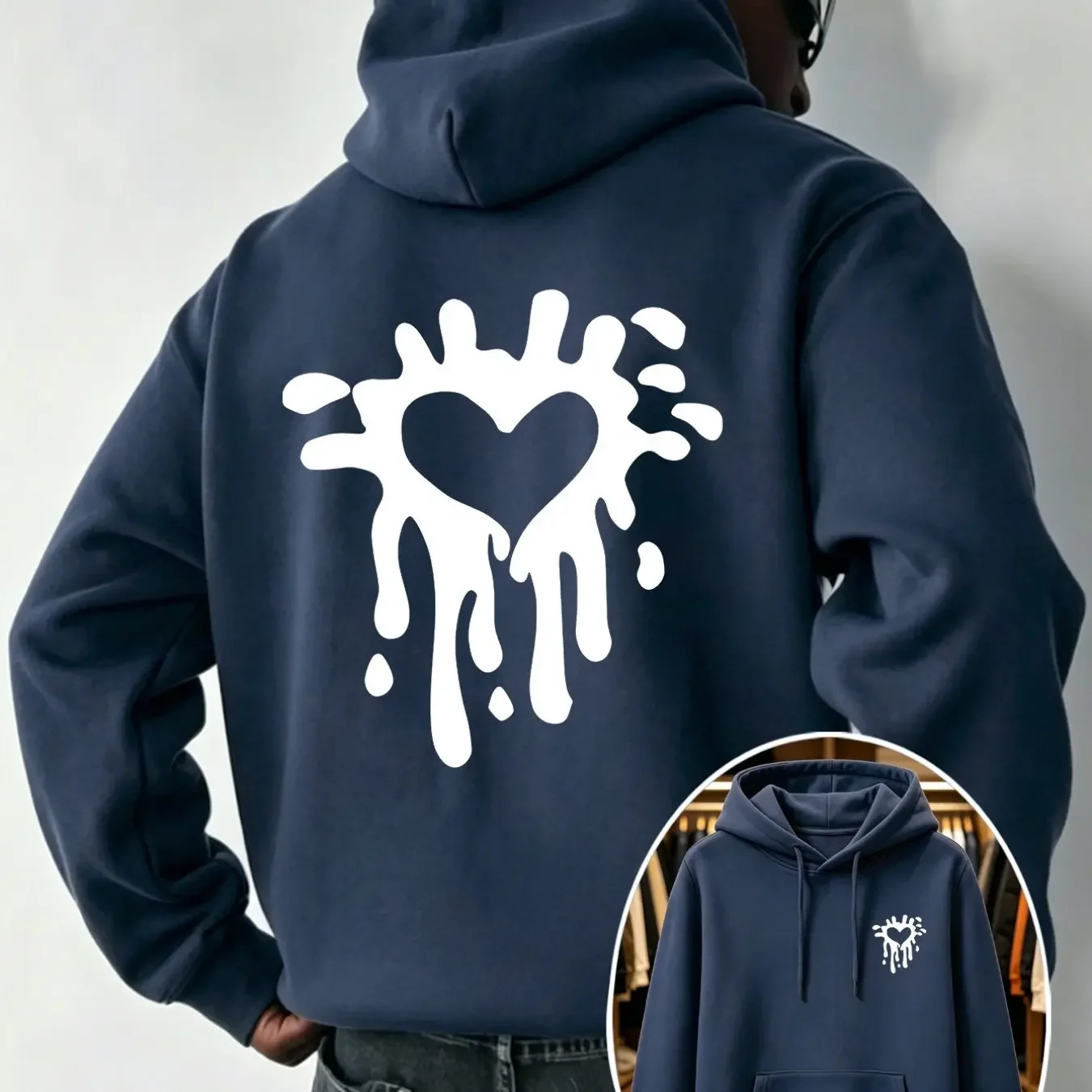 Street Graffiti Hoodie For Men Dripping Splash Heart Graphic Front Back Print Unisex Loose Long Sleeve Pullover
