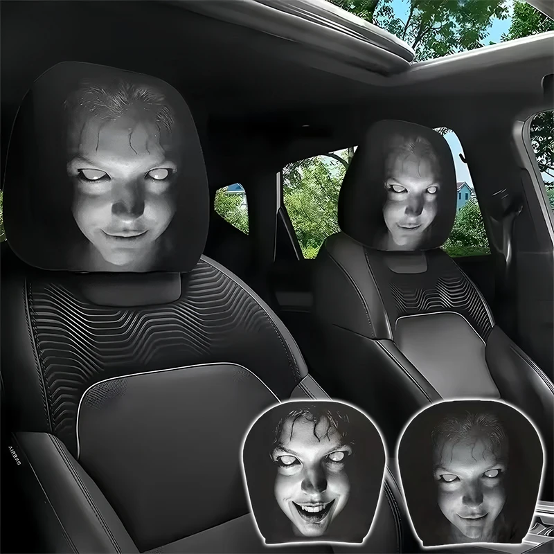 2pcs Halloween Horror Face Printing Car Headrest Covers 3D Elastic Car Seat Headrest Cover Universal Car Headrest Covers