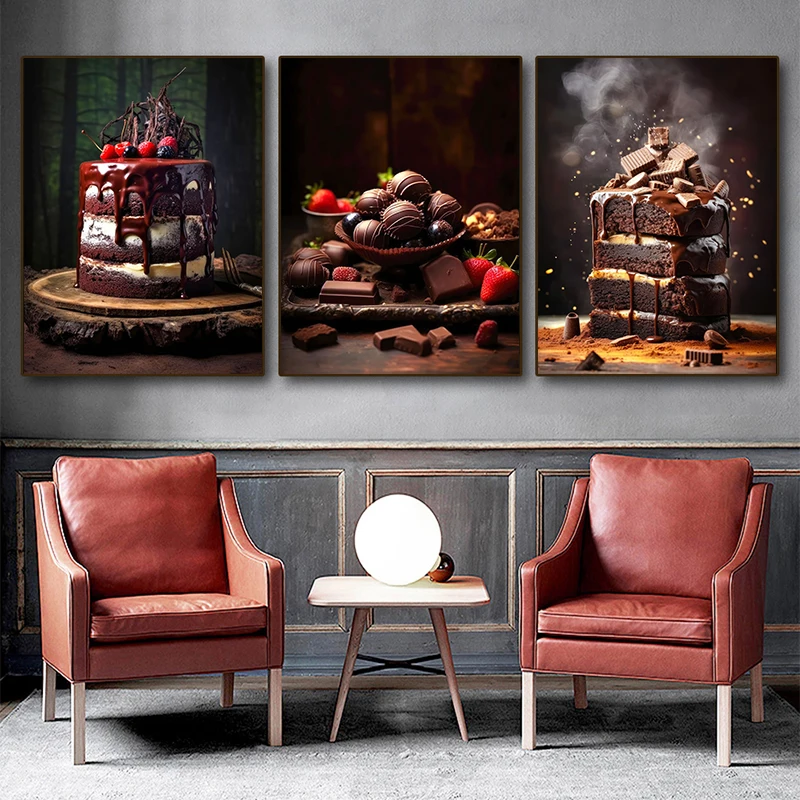 Berries Chocolate Sweet Dessert Cake Kitchen Food Poster Canvas Painting And Print Wall Art Picture for Restaurant Bakery Decor