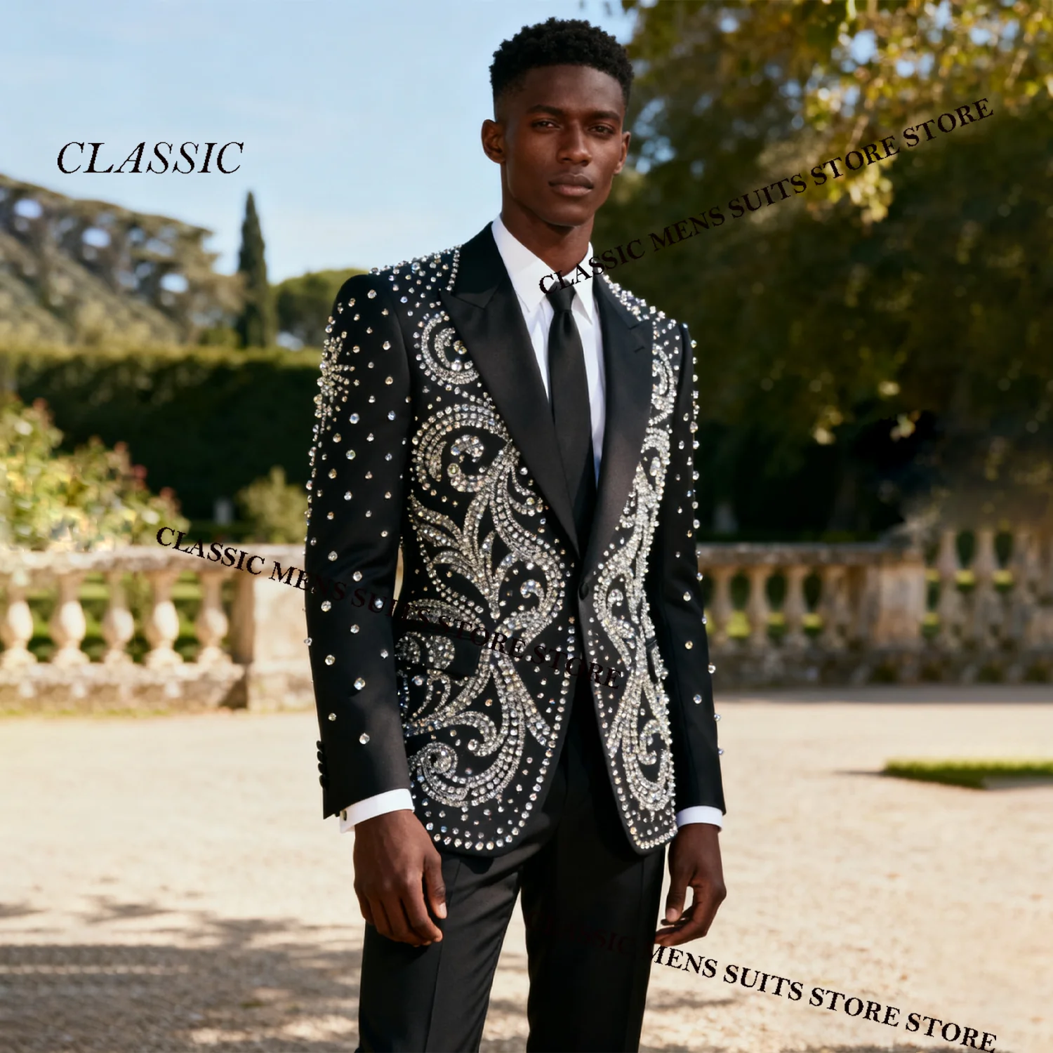 

Customized Exegant Metallic Jewelry Ornament Tuxedo Men Suits 2 Piece Wedding Groom Male Prom Blazer Slim Party Ternos Completo