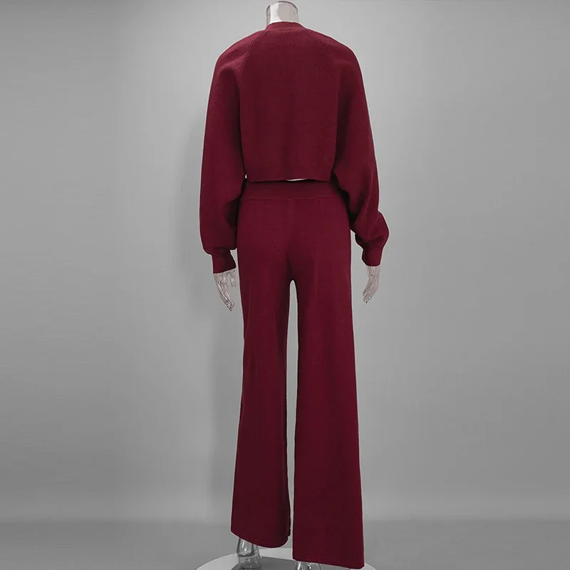 Damen Strick-3-Teiler-Set: O-Ausschnitt, ärmelloses Crop-Top, Langarm-Mantel, weit geschnittene Hose, Herbstmode, neue Strickwaren für Damen – Detail 15