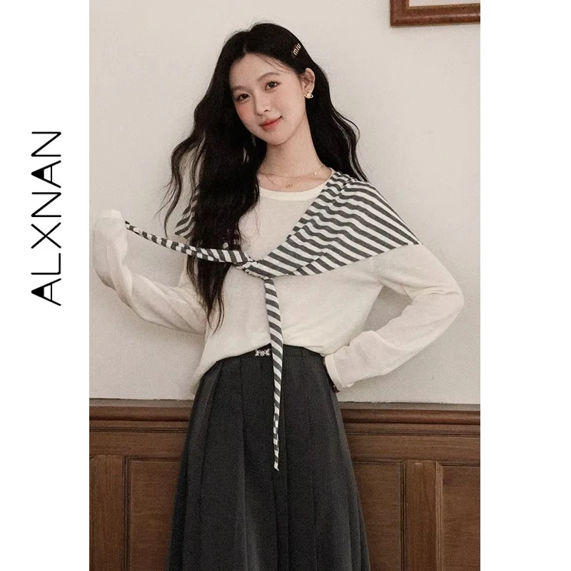 

ALXNAN Women's Off-white T-shirt Stripes Shawl Regular Shoulder Crew Neck Tees Casual Versatile Long Sleeve Pullovers L57169-2