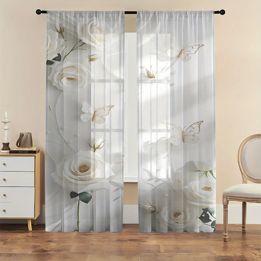 2PCS Digital Printing Sheer Curtain, White Roses Golden Butterflies Pattern, Romantic Luxury Wedding Bridal Bedroom Decor