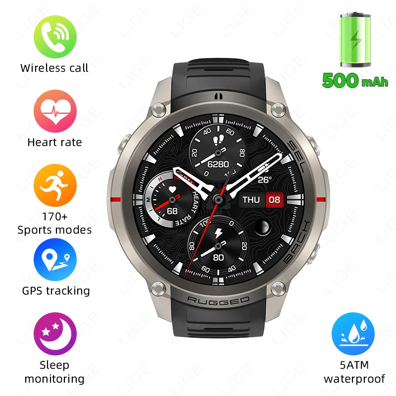 2026 NEW GPS Offline Maps Sport Smart Watch 500mAh Battery Men AMOLED HD Screen 3D Menu Style 5ATM Waterproof Outdoor Smartwatch