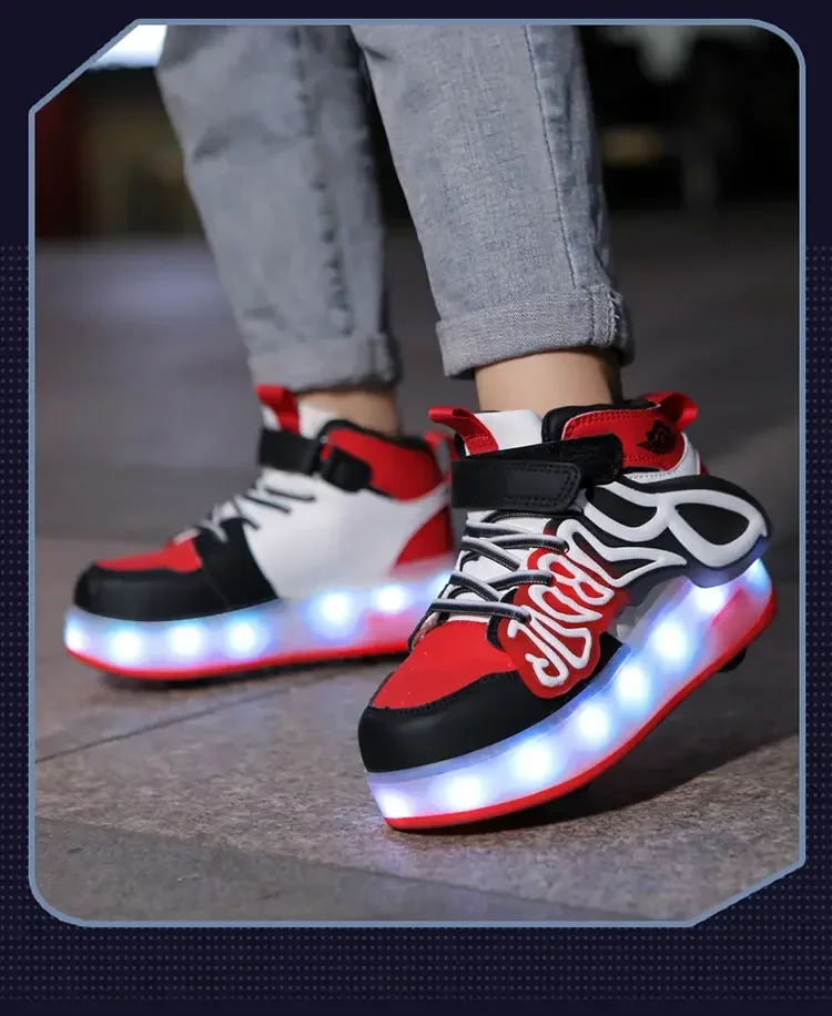 Sepatu roda anak laki-laki perempuan, sneaker olahraga 4 roda lampu Led hadiah permainan luar ruangan