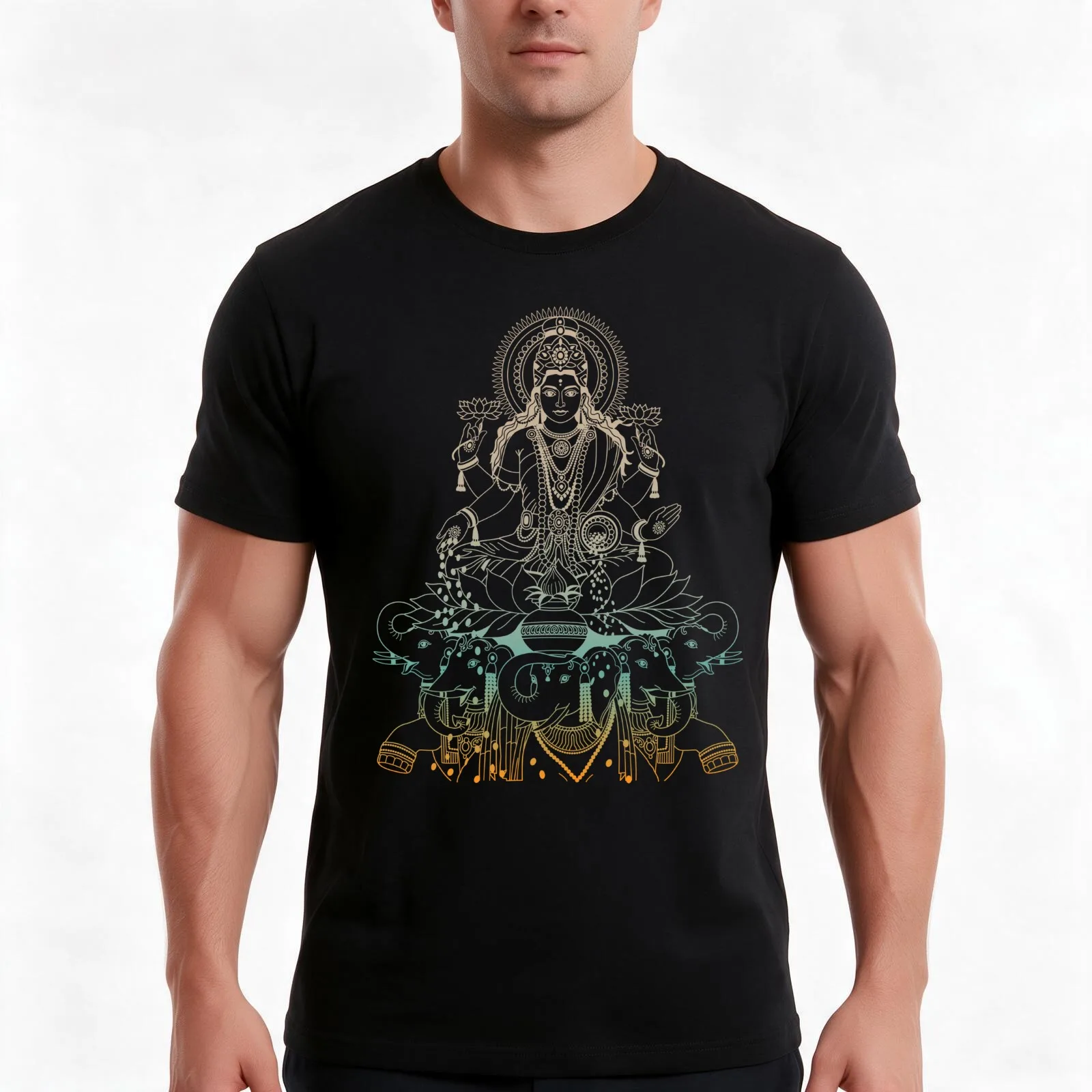 The Hindu Goddess Lakshmi Seated on Elephants T-Shirt Summer Casual Cotton Tee Oversized Streetwear Tops Unisex Men Women
