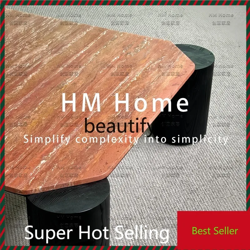 

Vintage Style Solid Wood French Retro Style Red Travertine Designer Home Creative Living Room Natural Travertine Coffee Table G1