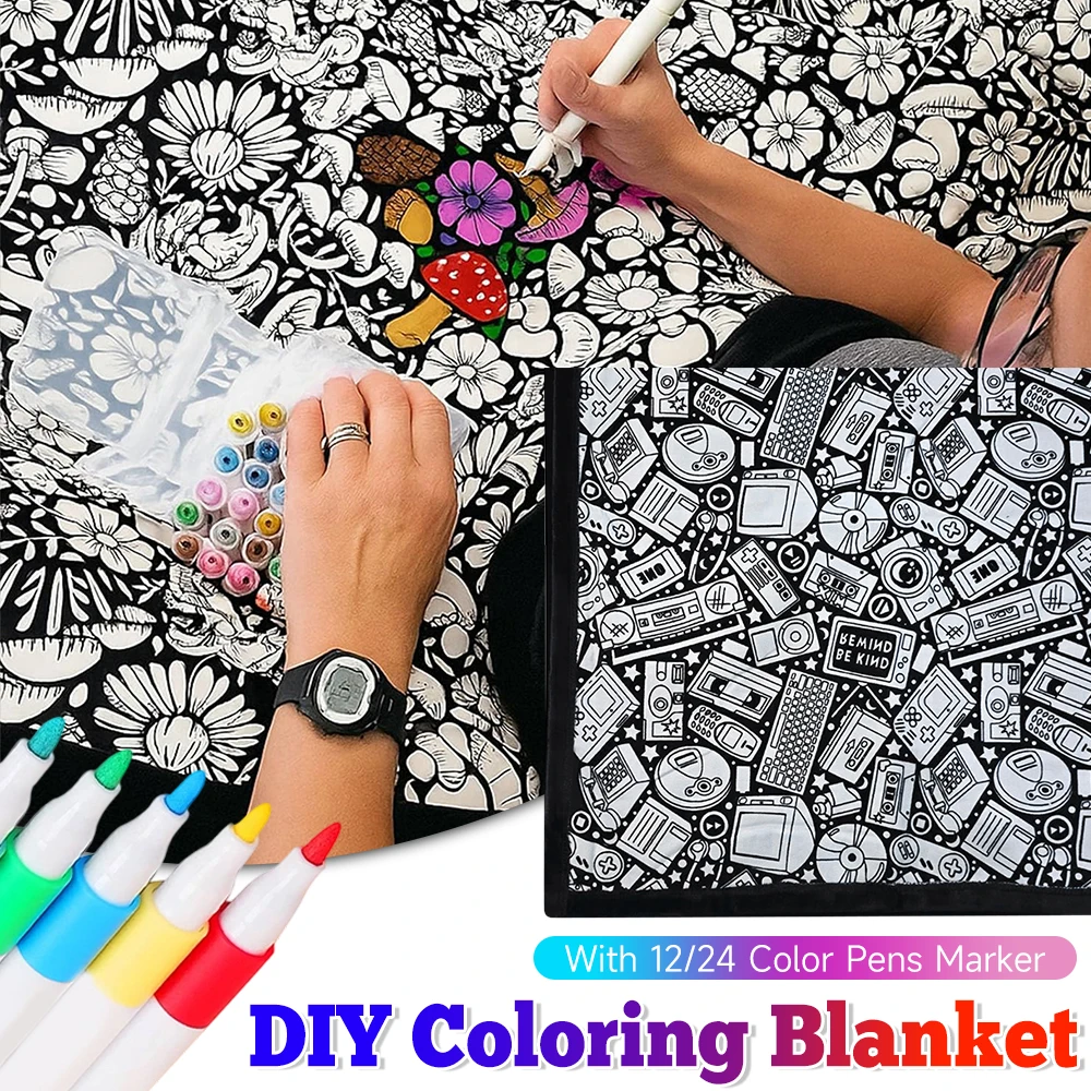 

DIY Coloring Blanket With 12/24 Color Pens Marker Washable Fuzzy Velvet Creative Paint Your Own Blanket Holiday Party Decor Gift