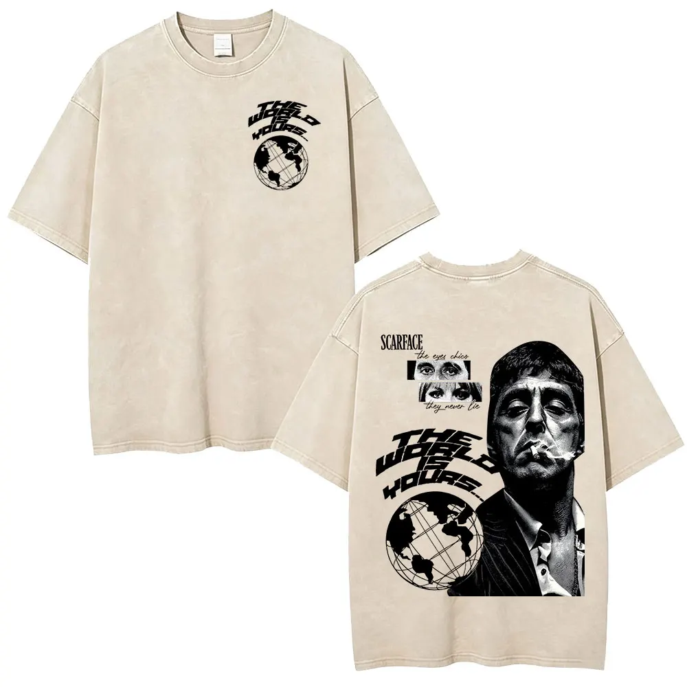 Gangsters Movie Scarface Tony Montana Al Pacino Face Vintage Washed T-shirts Men's Women Clothing Fashion Gothic Casual T Shirt