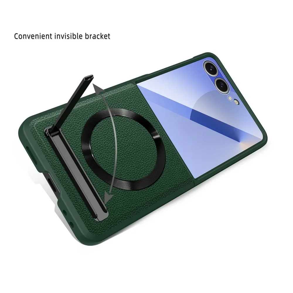 Magnetyczne etui z bezprzewodowym ładowaniem i funkcją podpórki do telefonu Samsung Galaxy Z Flip 8, Flip 7, 6, 5, z ochronną folią na szkło i skórzaną obudową. — zdjęcie produktu 3