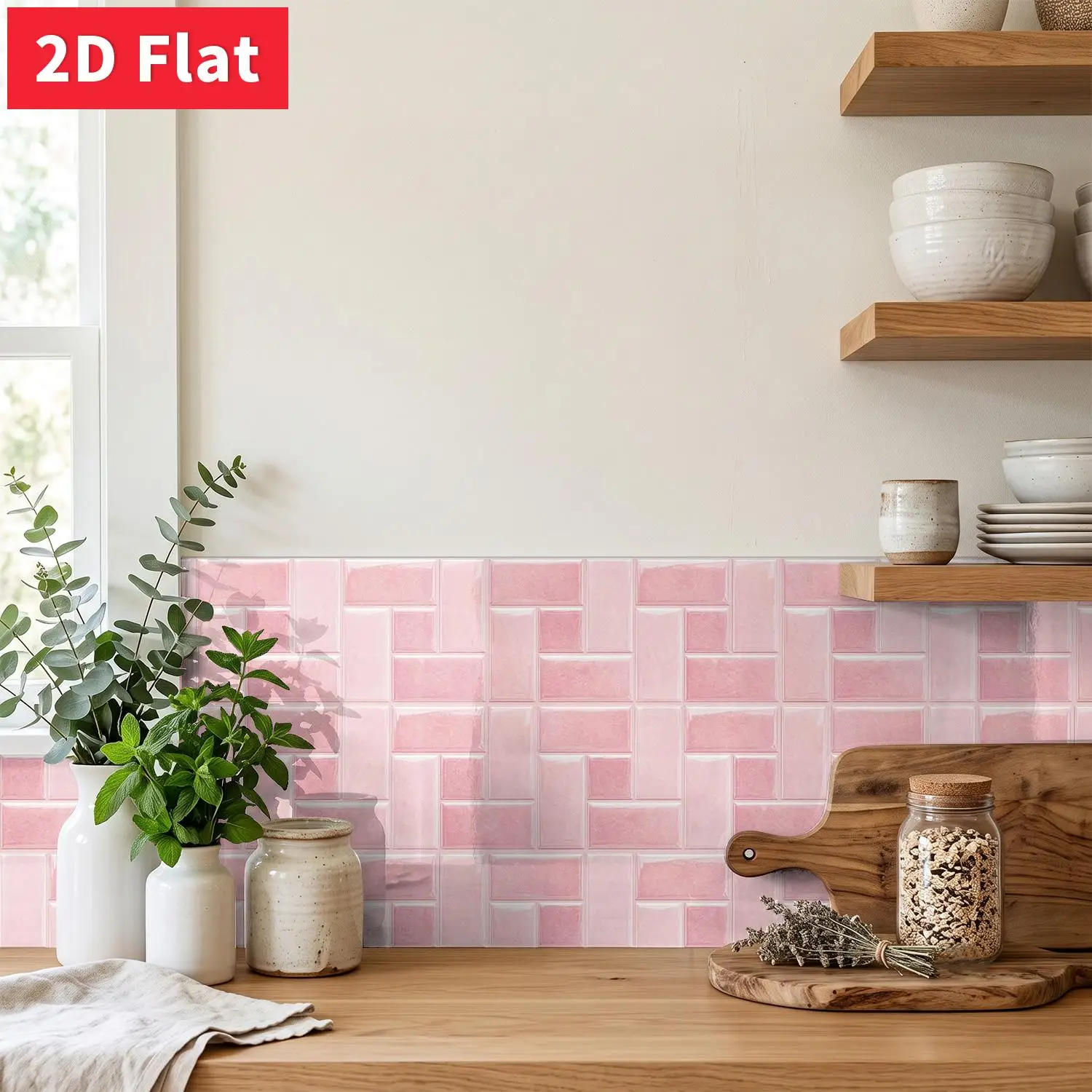 Soft Pink Square Tile Sticker 11.81x5.91 inch Peel and Stick Waterproof Crystal Film Kitchen Wall Decor