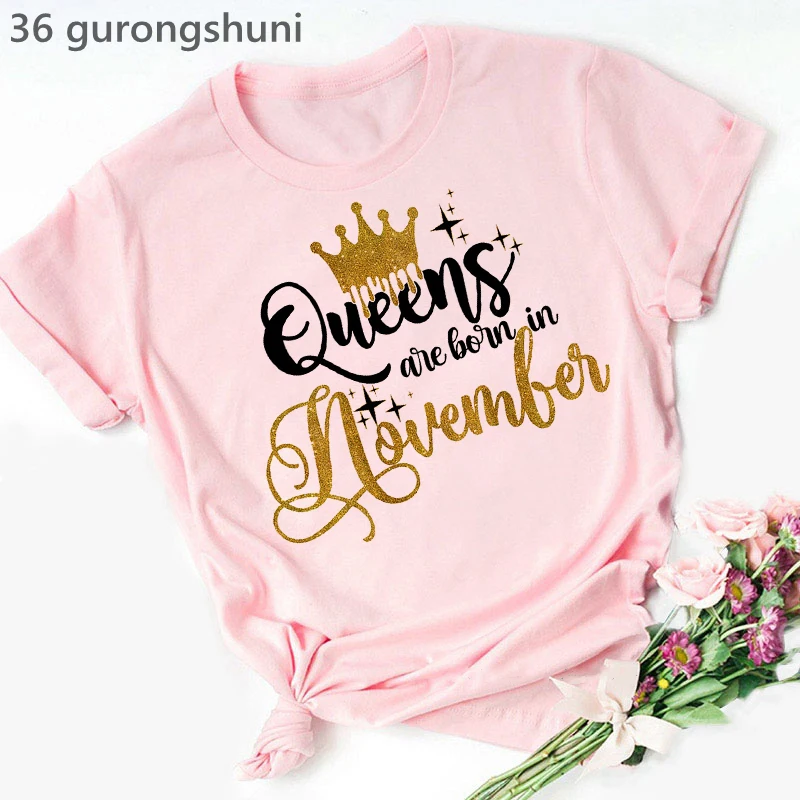 Summer Fashion Women’S T-Shirt Golden Crown Queen Are Born In January To December Graphic Print Tshirt Femme Birthday Gift Tops