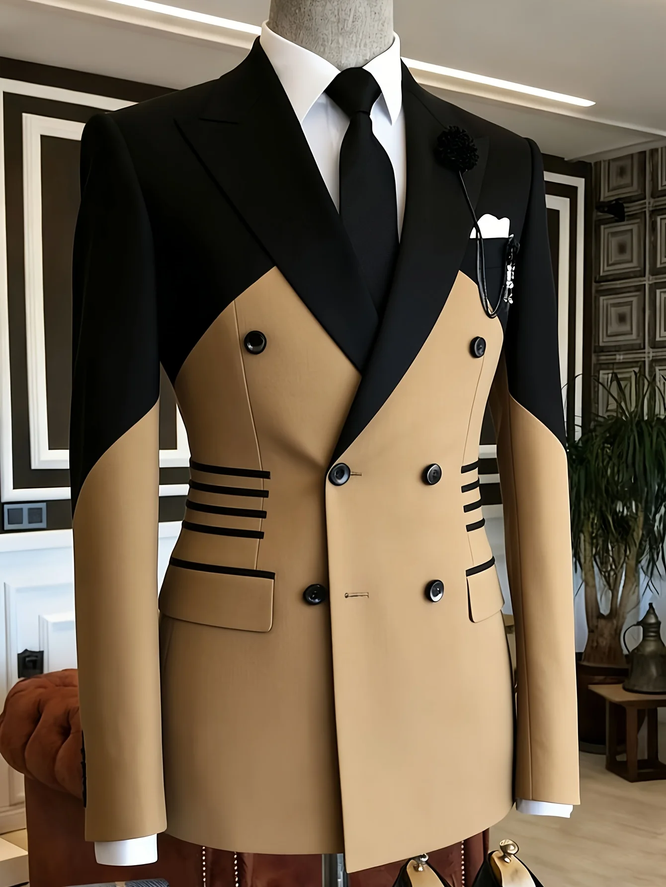 Men Casual Business Blazer Color Block Double Breasted Blazer Waist Strip Decor Slim Fit Wedding Suit Groom Stage Formal Jacket