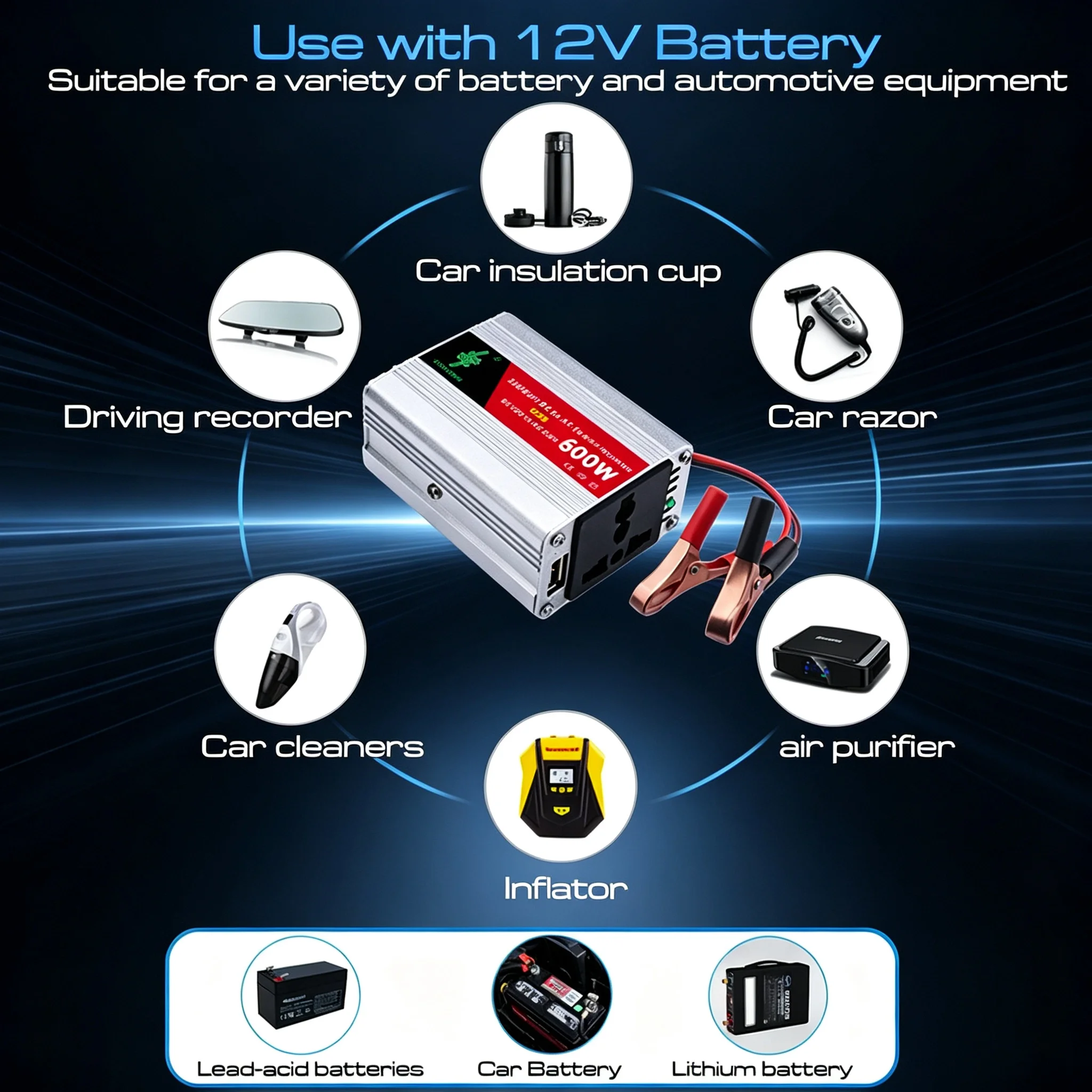 600W Power Inverter (Peak), 600W Power Inverter (Modified Wave), Rated Power 300W Inverter, 12V to 220V, Battery Clamp Conversion Socket, Portable Adapter, Car Charger, Outdoor Products, Suitable for Street Vending, Vehicles, Camping, Office, Road Trips. Fast Charging Car Charger.