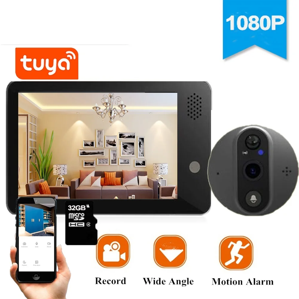 ¡Vaya! Tuya Wifi inteligente Video timbre mirilla 1080P visor de puerta inalámbrico cámara intercomunicador pantalla de 4,3 pulgadas registro de movimiento