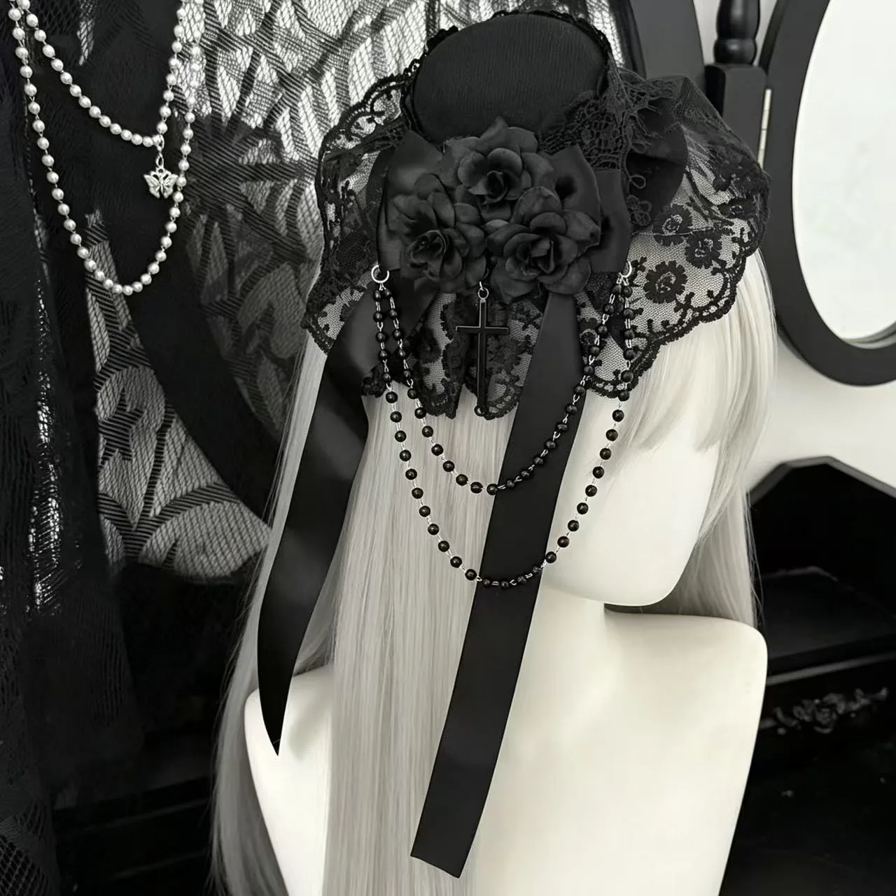 Gothic Veil Rose Mini Top Hat Black Flower Chain Cross Elegant Fashion Hair Clip  For Daily Wear Halloween Thanksgiving Gift