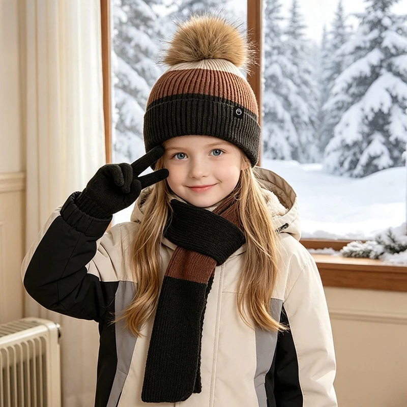 3Pcs Set Kids Knitted Hat Scarf Touch Screen Gloves Pom Pom Beanie Warm Neck Scarf for Boys Girls Winter Outdoor Snow Caps