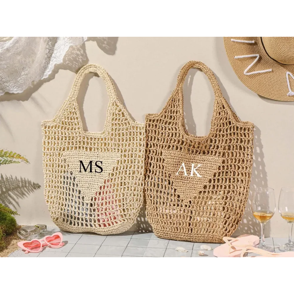 

Персонализированная пляжная соломенная сумка, сумка для свадебного душа, принадлежности для девичника, пляжная сумка из рафии для путешествий, украшение для свадебного подарка