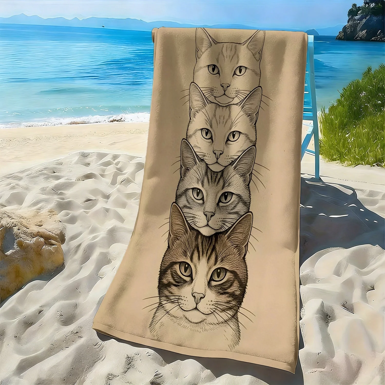 Cat head image Connect 4 pattern polyester microfiber beach towel is highly absorbent, suitable for swimming and beach outings