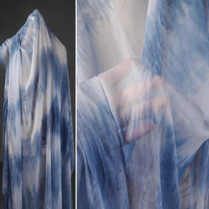 

Волнистая сине-белая шифоновая пряжа с постепенным изменением тай-дай, креативный кардиган в национальном стиле, платье, дизайнерская ткань для одежды