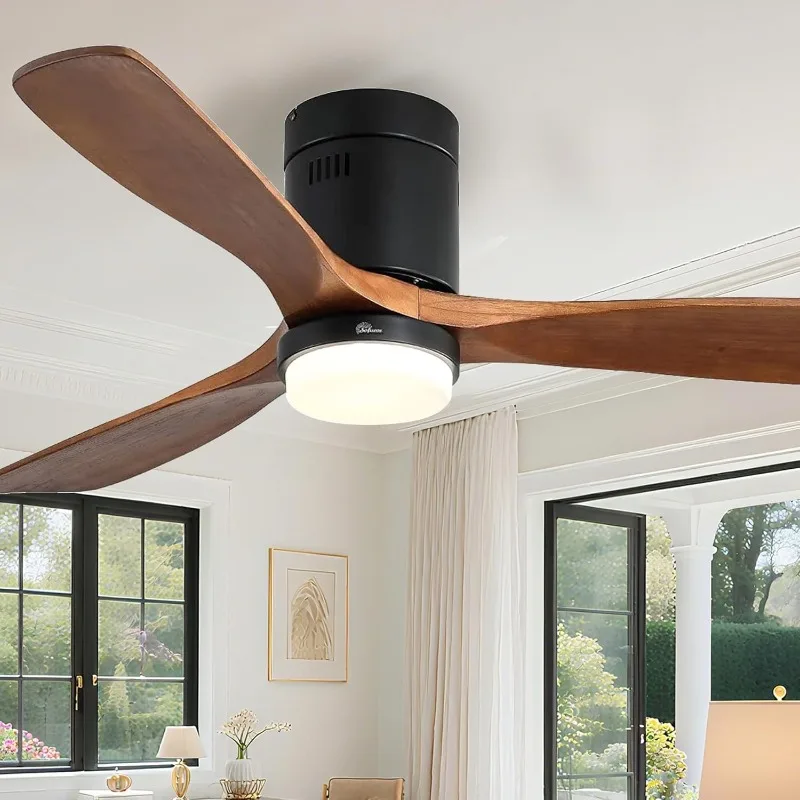 Ceiling Fan with Lights 52 Inch Flush Mount Ceiling Fan with Remote Control, Wood Blades Modern Outdoor Ceiling Fans
