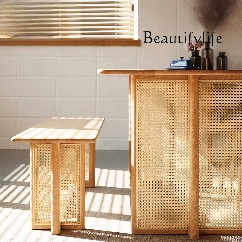 Nordic medieval rattan dining table household simple small apartment rectangular solid wood dining table