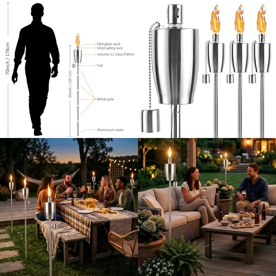 55 Inch Outdoor Oil Torch Lamp 4 Pieces Rustproof Stainless Steel Citronella Torches, 11.16 oz, Includes Funnel and Fiberglass