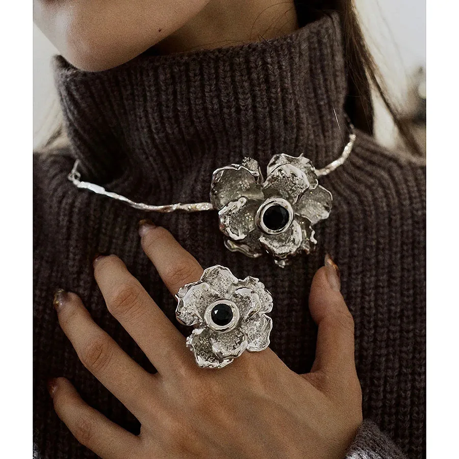 

Silver flower collar fashion clavicle chain accessories A chic earrings stage shape ring women exaggeration jewelry set