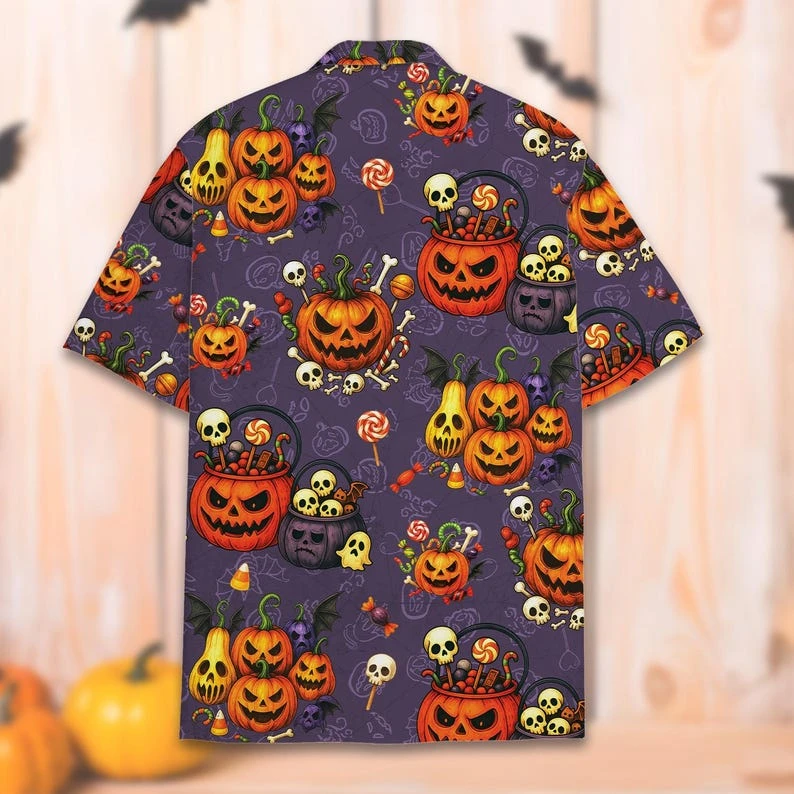 New Halloween Cartoon Pumpkin Candy Skull Print Hawaiian Shirt Men Women Kids Summer Button Down Short Sleeve Casual Street Tops