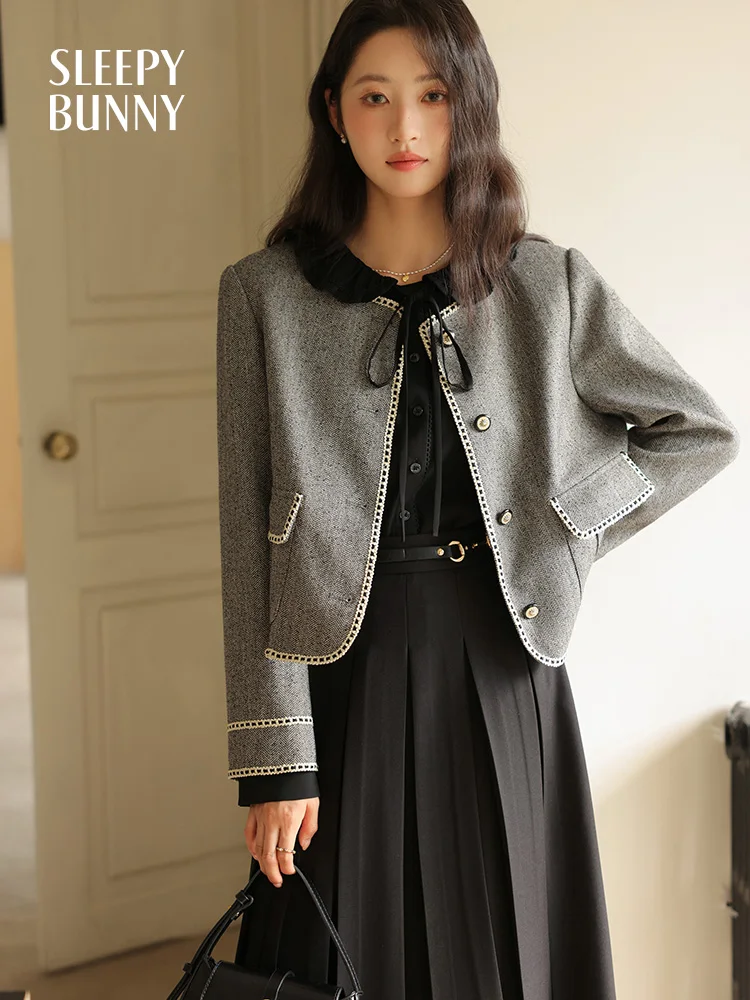 

Spring Tweed Shoulder-Pad Round Neck Jacket with Black A-Line High-Waisted Skirt Set Elegant Women Chic Outfit Fashionable Wear