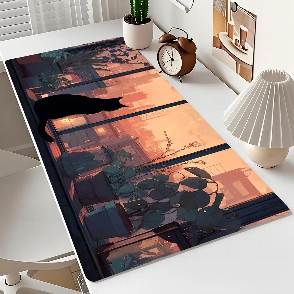 Дизайн с милым котом в мультяшном стиле, большой коврик для мыши в стиле аниме, настольный коврик с прошитыми краями, нескользящие игровые коврики, mauspad, офисный коврик