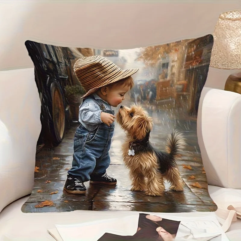 Cute Boy and Puppy Pillow Case, Rainy Street Oil Painting Cushion Cover for Sofa Bedroom, Warm Pet Home Decor Throw Pillowcase