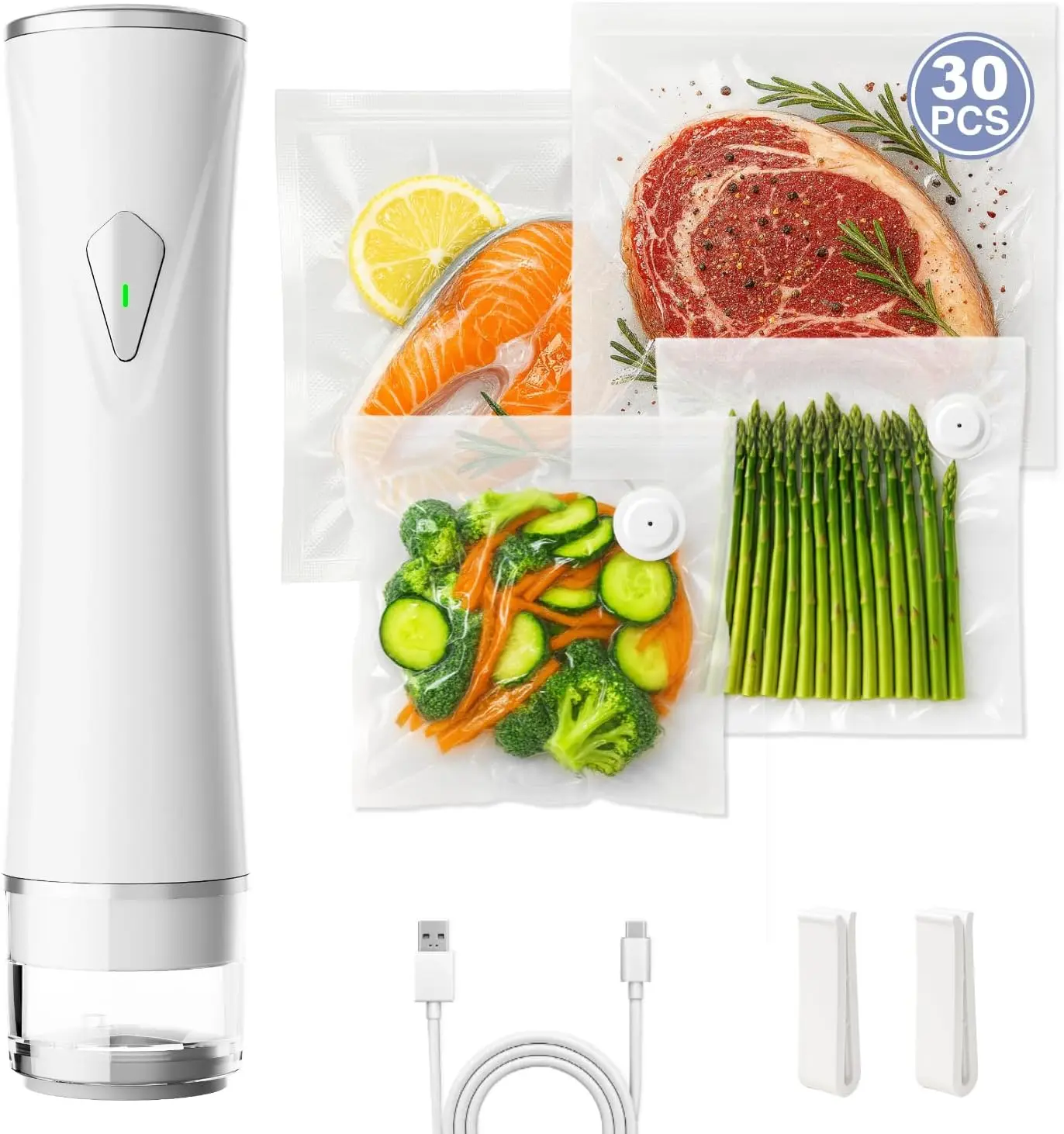 

Handheld Vacuum Sealer with 30 Bags, Portable Food Saver for Freshness, White