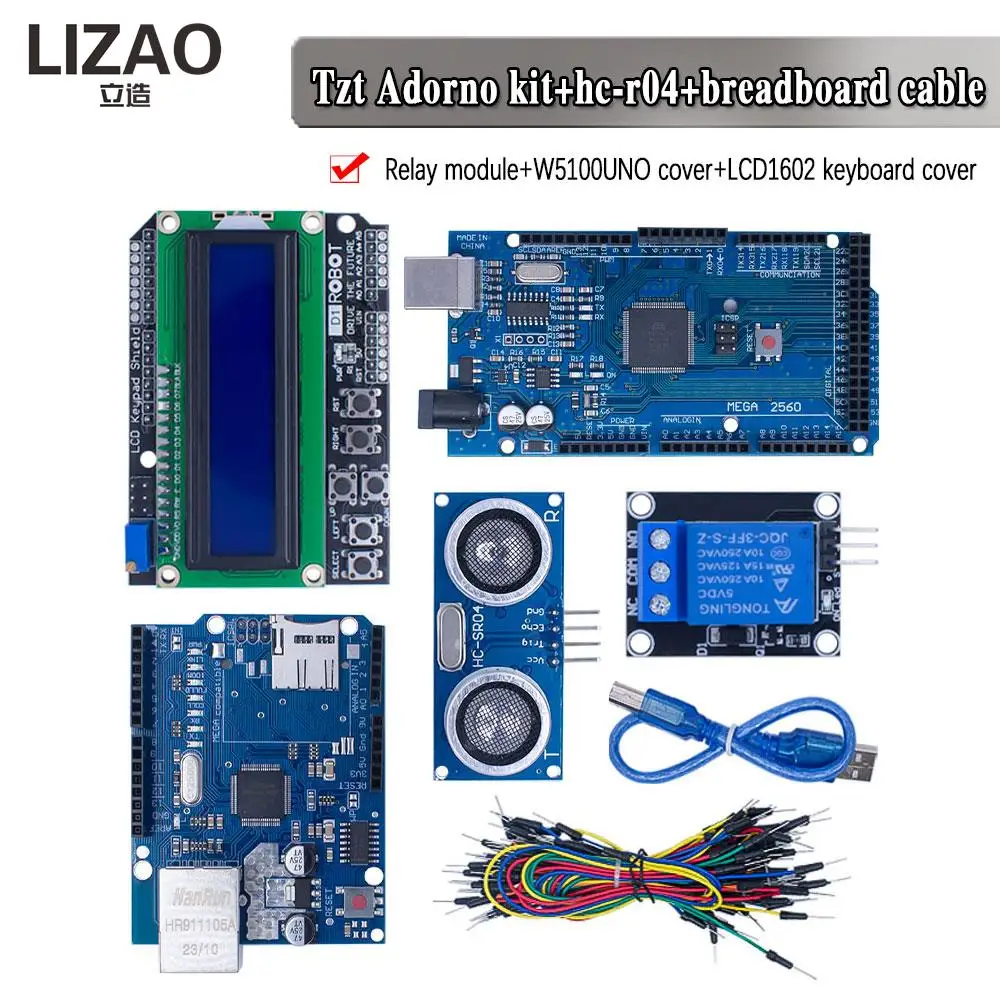 Mega 2560 r3 for arduino kit + HC-SR04 +breadboard cable + relay module+ W5100 UNO shield + LCD 1602 Keypad shield